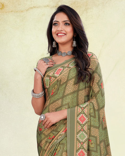 Ash Green Digital Print Premium Crepe Saree