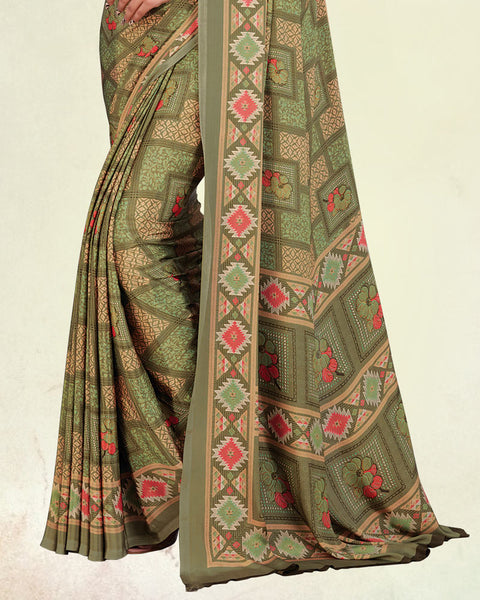 Ash Green Digital Print Premium Crepe Saree