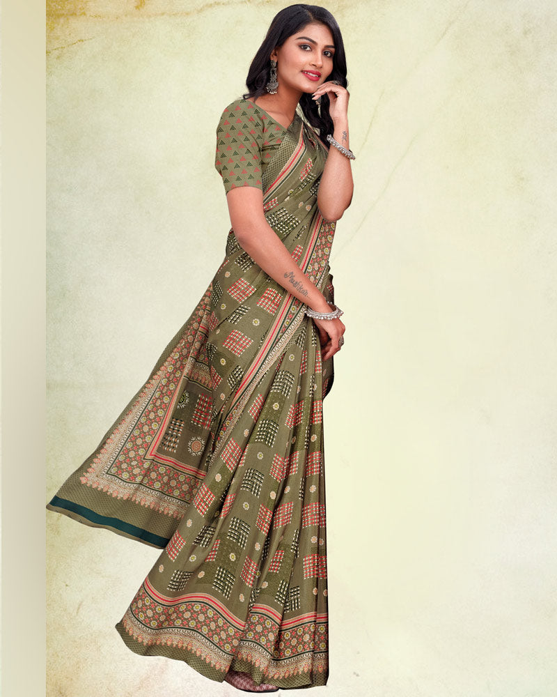 Army Brown Digital Print Premium Crepe Saree