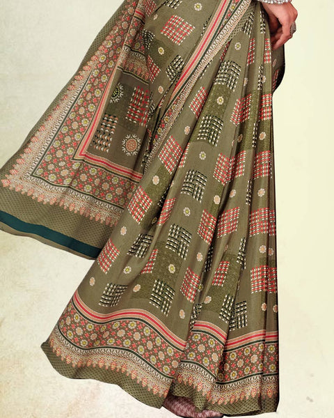 Army Brown Digital Print Premium Crepe Saree
