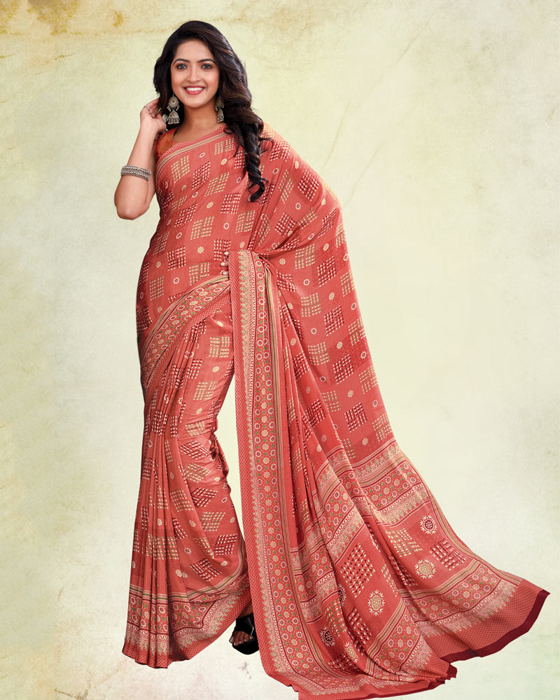 Dark Coral Red Digital Print Premium Crepe Saree
