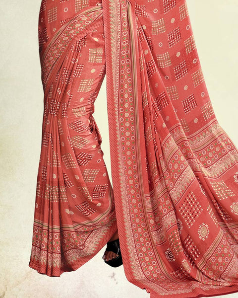Dark Coral Red Digital Print Premium Crepe Saree