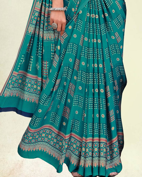 Deep Ocean Blue Digital Print Premium Crepe Saree