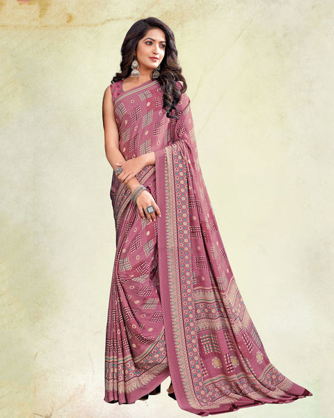 Turkish Pink And Spanish White Digital Print Premium Crepe Saree