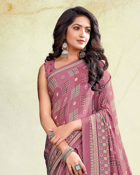Turkish Pink And Spanish White Digital Print Premium Crepe Saree