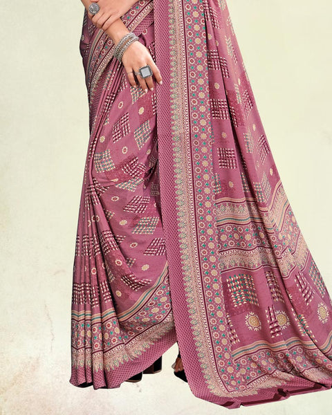 Turkish Pink And Spanish White Digital Print Premium Crepe Saree