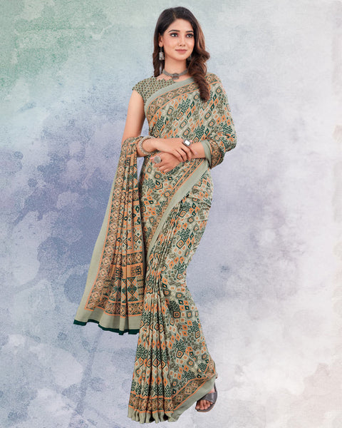 Greenish Grey And Persian Orange Digital Print Premium Crepe Saree