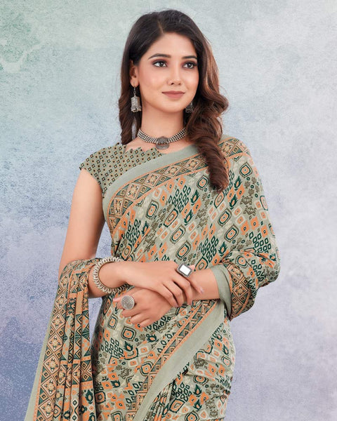 Greenish Grey And Persian Orange Digital Print Premium Crepe Saree