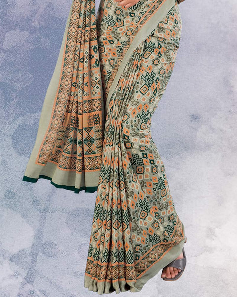 Greenish Grey And Persian Orange Digital Print Premium Crepe Saree