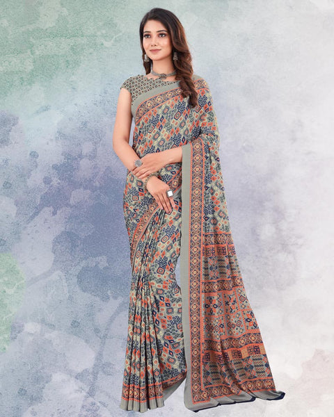 Greenish Grey And Nile Blue Digital Print Premium Crepe Saree
