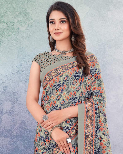 Greenish Grey And Nile Blue Digital Print Premium Crepe Saree