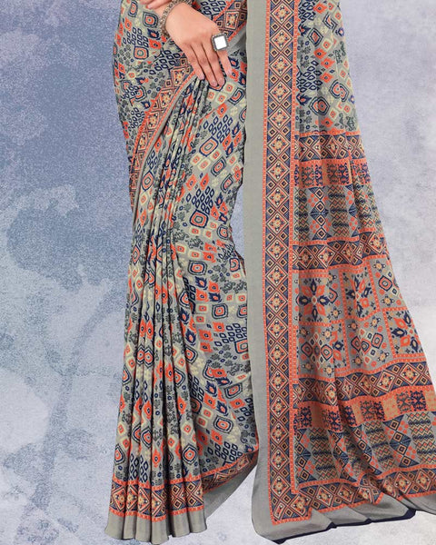 Greenish Grey And Nile Blue Digital Print Premium Crepe Saree