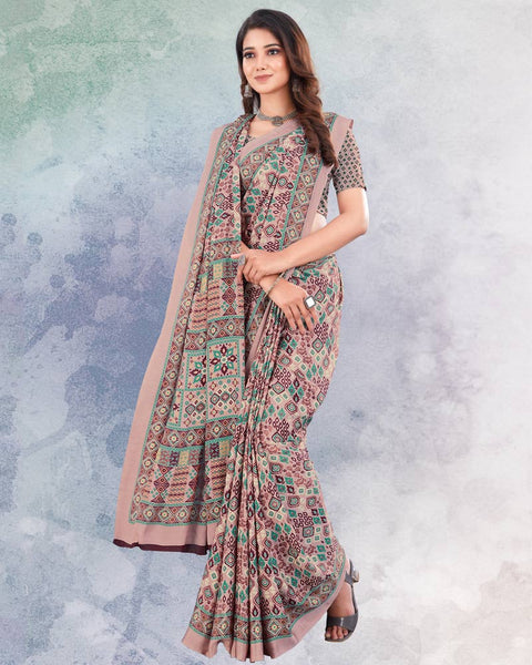 Pinkish Grey And Wine Berry Digital Print Premium Crepe Saree