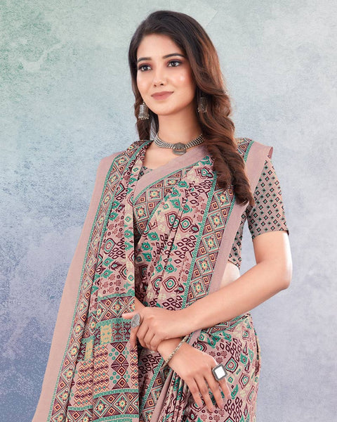 Pinkish Grey And Wine Berry Digital Print Premium Crepe Saree