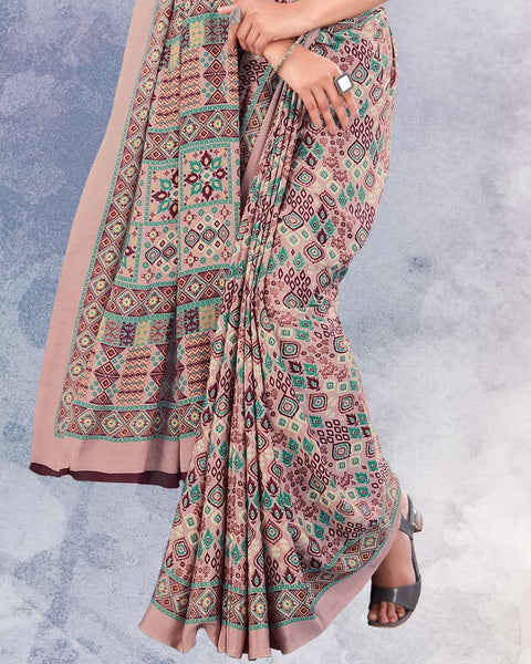 Pinkish Grey And Wine Berry Digital Print Premium Crepe Saree