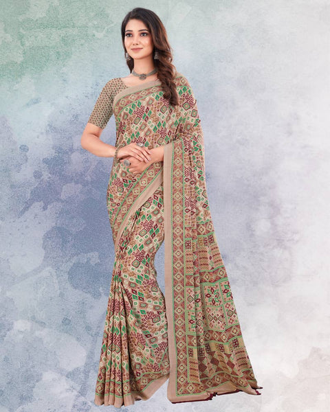 Pinkish Tan And Forest Green Digital Print Premium Crepe Saree