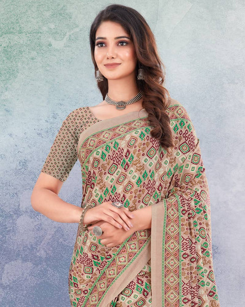Pinkish Tan And Forest Green Digital Print Premium Crepe Saree