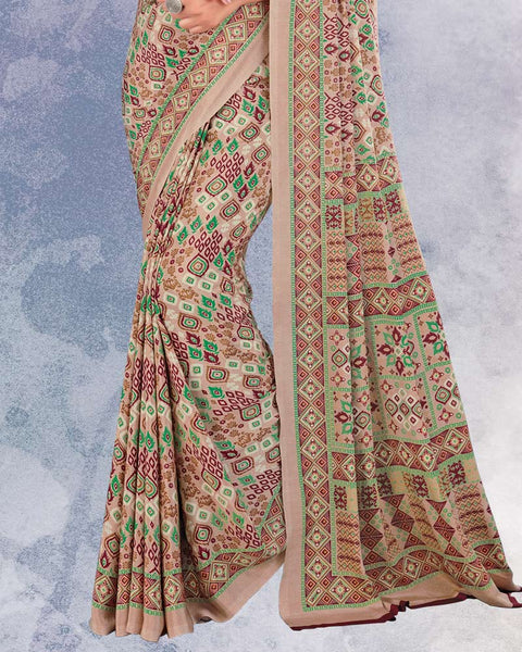 Pinkish Tan And Forest Green Digital Print Premium Crepe Saree