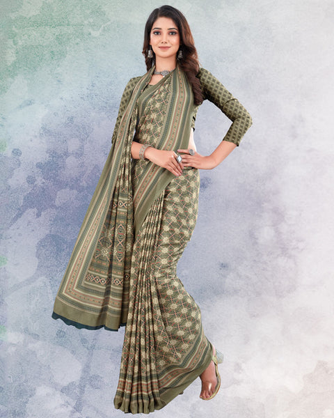 Olive Haze And Lunar Green Digital Print Premium Crepe Saree