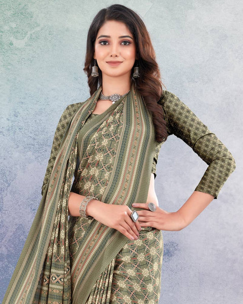 Olive Haze And Lunar Green Digital Print Premium Crepe Saree