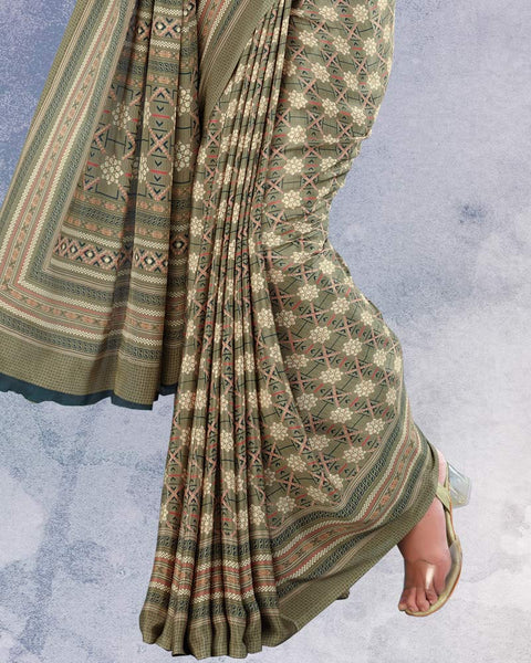 Olive Haze And Lunar Green Digital Print Premium Crepe Saree