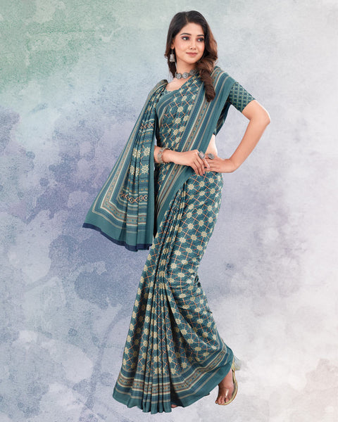 Cadet Blue And Pearl Blush Digital Print Premium Crepe Saree