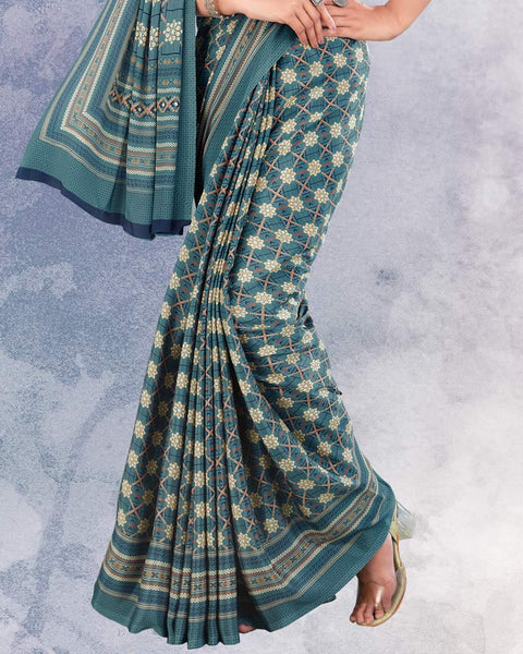 Cadet Blue And Pearl Blush Digital Print Premium Crepe Saree