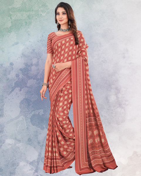 Orangy Red Digital Print Premium Crepe Saree