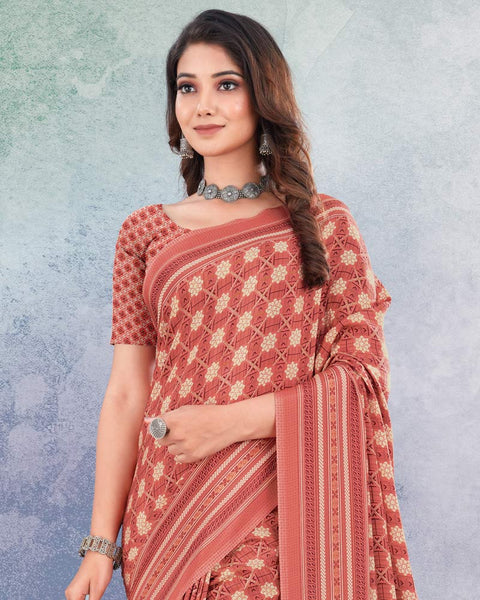 Orangy Red Digital Print Premium Crepe Saree