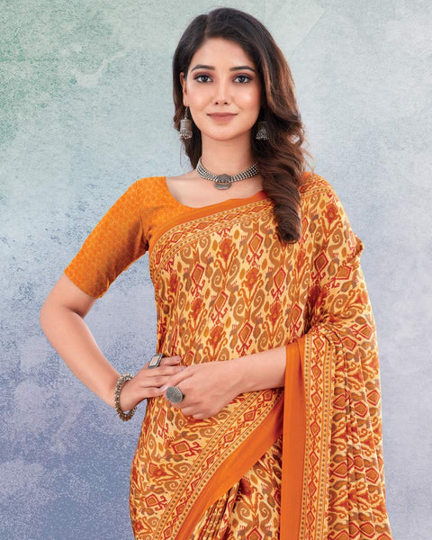 Papaya And Dusty Orange Digital Print Premium Crepe Saree