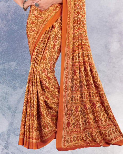 Papaya And Dusty Orange Digital Print Premium Crepe Saree