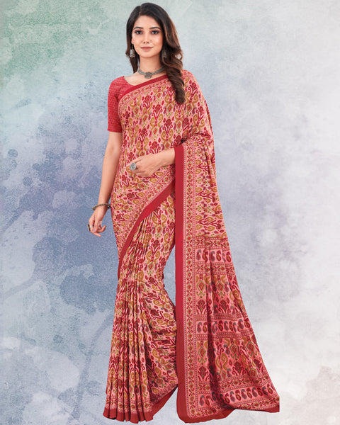 Flamingo Pink And Dusty Red Digital Print Premium Crepe Saree