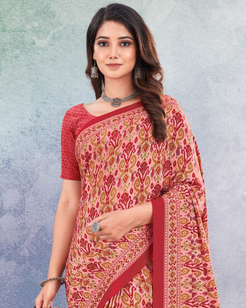 Flamingo Pink And Dusty Red Digital Print Premium Crepe Saree