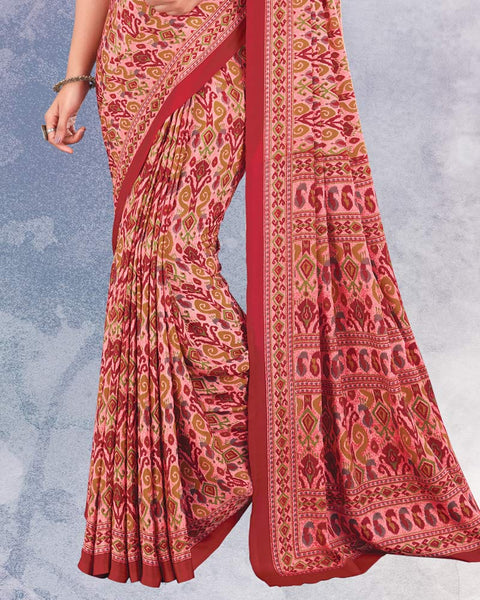 Flamingo Pink And Dusty Red Digital Print Premium Crepe Saree