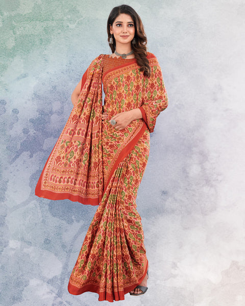 Dark Salmon Orange And Persian Red Digital Print Premium Crepe Saree