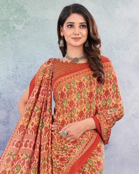 Dark Salmon Orange And Persian Red Digital Print Premium Crepe Saree