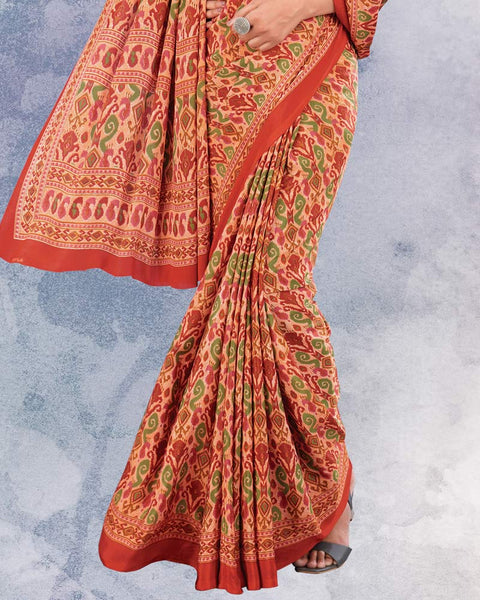 Dark Salmon Orange And Persian Red Digital Print Premium Crepe Saree