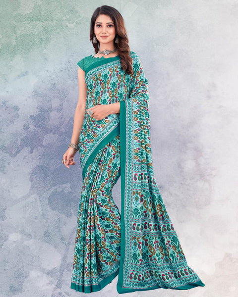 Pastel And Aqua Green Digital Print Premium Crepe Saree