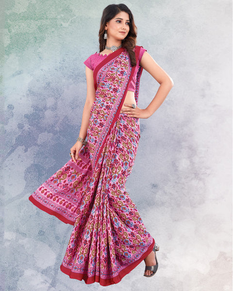 Raspberry And Flamingo Pink Digital Print Premium Crepe Saree