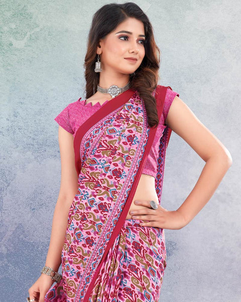 Raspberry And Flamingo Pink Digital Print Premium Crepe Saree