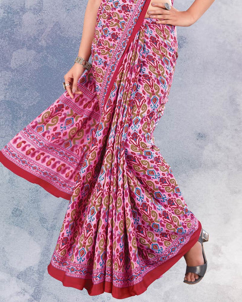 Raspberry And Flamingo Pink Digital Print Premium Crepe Saree