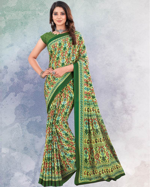Olive And Pink Green Digital Print Premium Crepe Saree