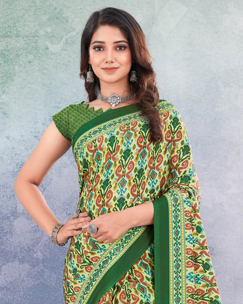 Olive And Pink Green Digital Print Premium Crepe Saree