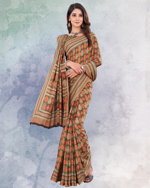 Pale Brown And Sunrise Orange Digital Print Premium Crepe Saree