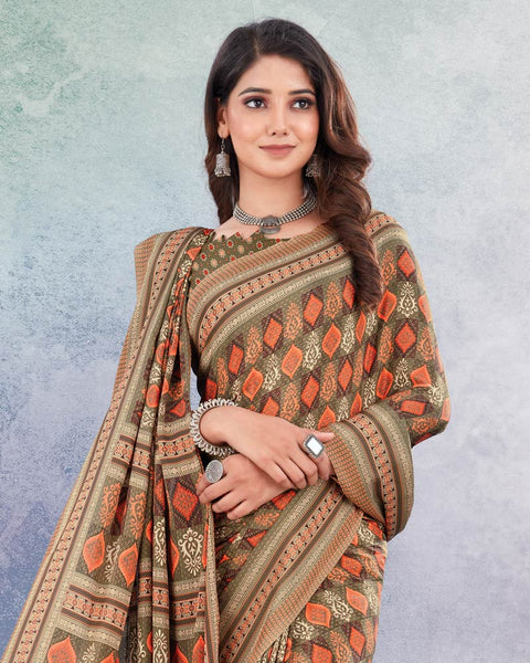 Pale Brown And Sunrise Orange Digital Print Premium Crepe Saree