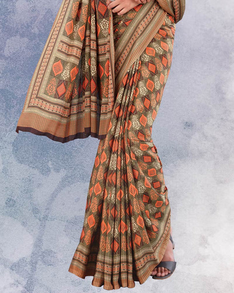 Pale Brown And Sunrise Orange Digital Print Premium Crepe Saree