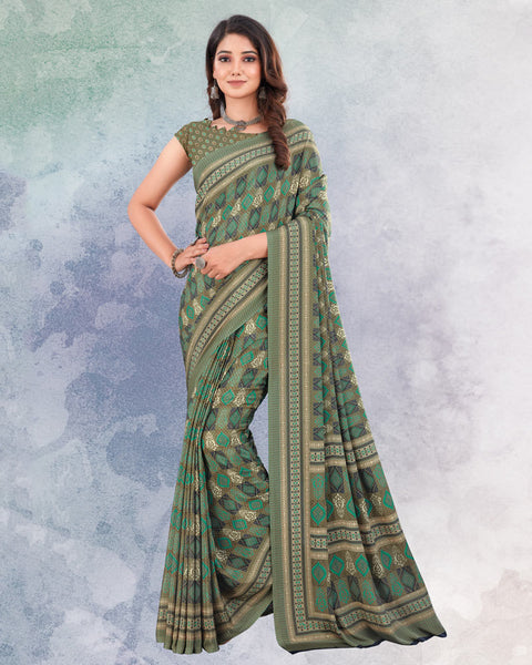 Dark Olive And Mint Green Digital Print Premium Crepe Saree