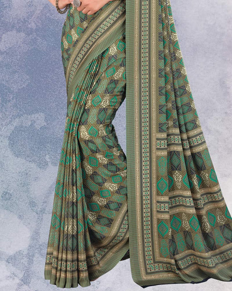 Dark Olive And Mint Green Digital Print Premium Crepe Saree