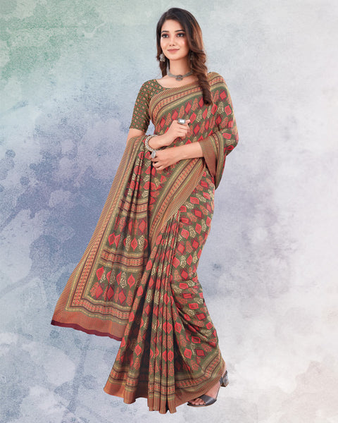 Dark Olive Green And Pastel Red Digital Print Premium Crepe Saree