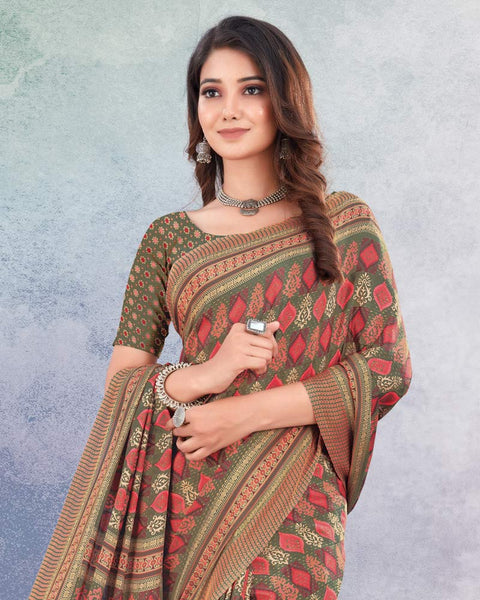 Dark Olive Green And Pastel Red Digital Print Premium Crepe Saree